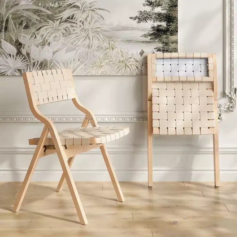 Lot de 2 chaises de salle à manger en bois Okak, chaises pliantes avec assise tressée et dossier en sangle, chaises de salle à manger empilables pour salle à manger