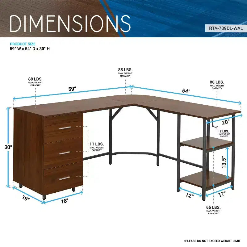 TUYOHW L-Shaped Office Desk,Two Tone Computer Desk with Storage,Walnut Wood Grain Top,Steel Frame,3 Drawers,Adjustable Shelf,Writing Desk for Office