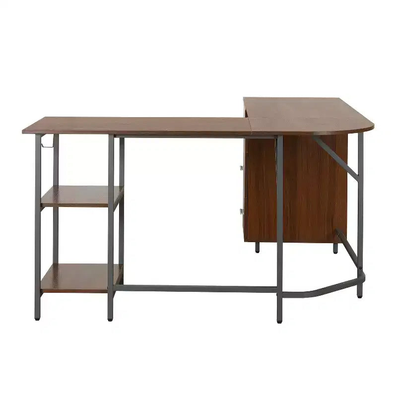 TUYOHW L-Shaped Office Desk,Two Tone Computer Desk with Storage,Walnut Wood Grain Top,Steel Frame,3 Drawers,Adjustable Shelf,Writing Desk for Office