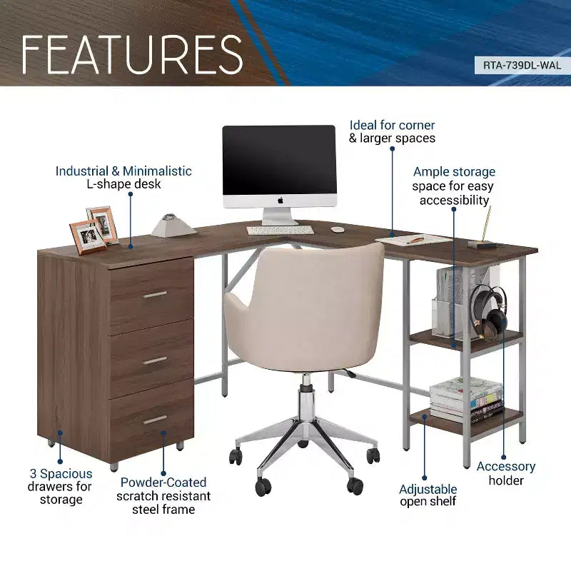 TUYOHW L-Shaped Office Desk,Two Tone Computer Desk with Storage,Walnut Wood Grain Top,Steel Frame,3 Drawers,Adjustable Shelf,Writing Desk for Office