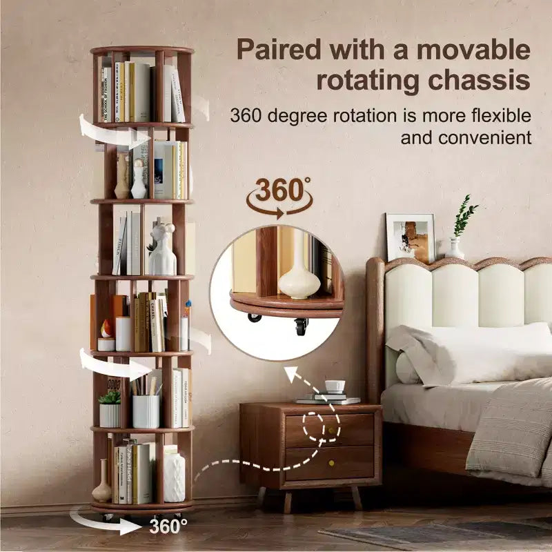 Rotating Bookshelf Wooden, 6-Shelf Round, 360 Spin, Bookcase with Wheels for Kids, Small Spaces, Corners, Bedroom, Office, Walnut