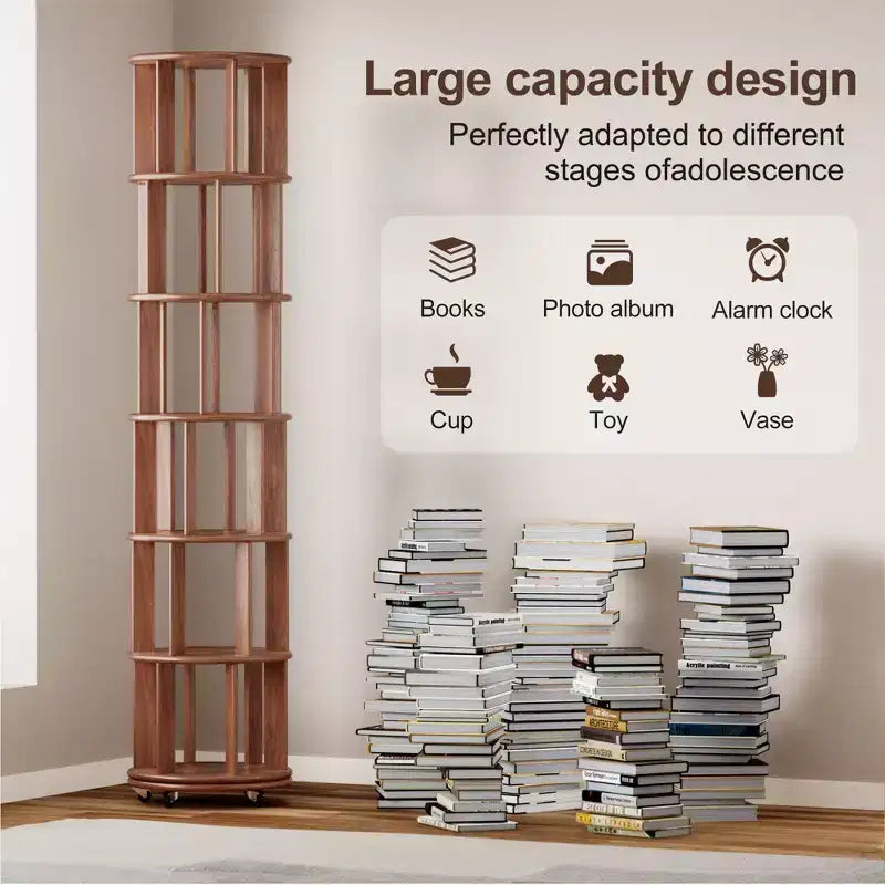 Rotating Bookshelf Wooden, 6-Shelf Round, 360 Spin, Bookcase with Wheels for Kids, Small Spaces, Corners, Bedroom, Office, Walnut