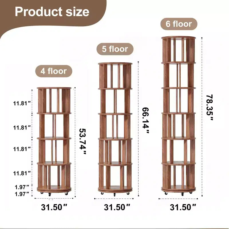 Rotating Bookshelf Wooden, 6-Shelf Round, 360 Spin, Bookcase with Wheels for Kids, Small Spaces, Corners, Bedroom, Office, Walnut