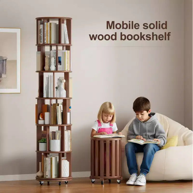 Rotating Bookshelf Wooden, 6-Shelf Round, 360 Spin, Bookcase with Wheels for Kids, Small Spaces, Corners, Bedroom, Office, Walnut
