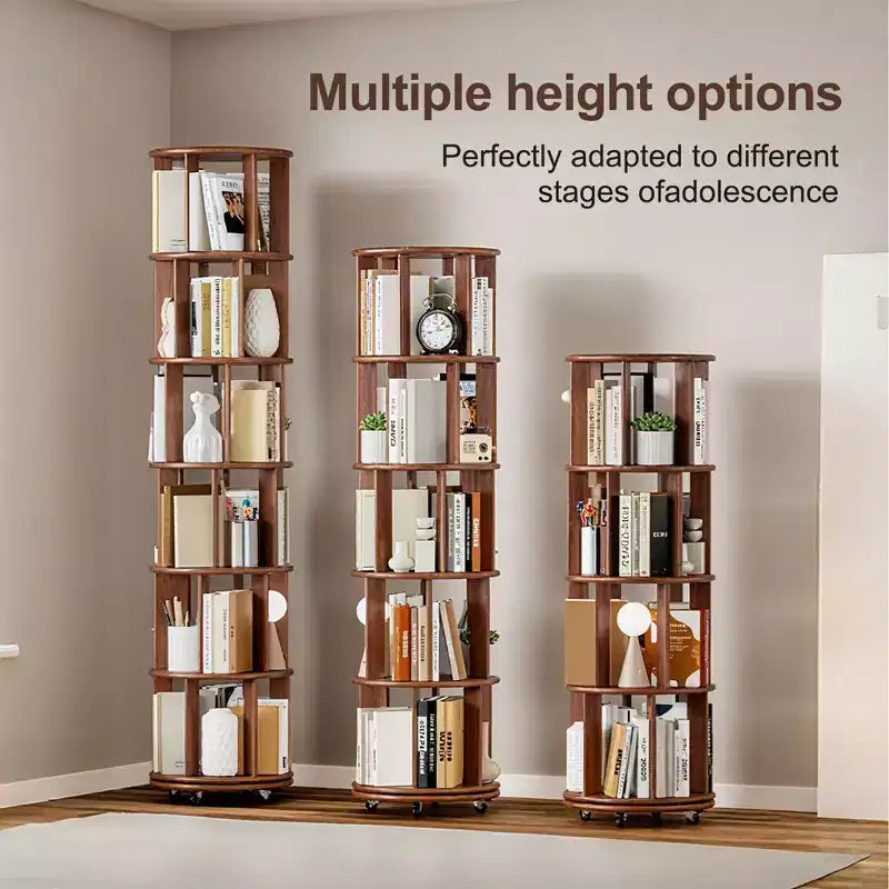 Rotating Bookshelf Wooden, 6-Shelf Round, 360 Spin, Bookcase with Wheels for Kids, Small Spaces, Corners, Bedroom, Office, Walnut