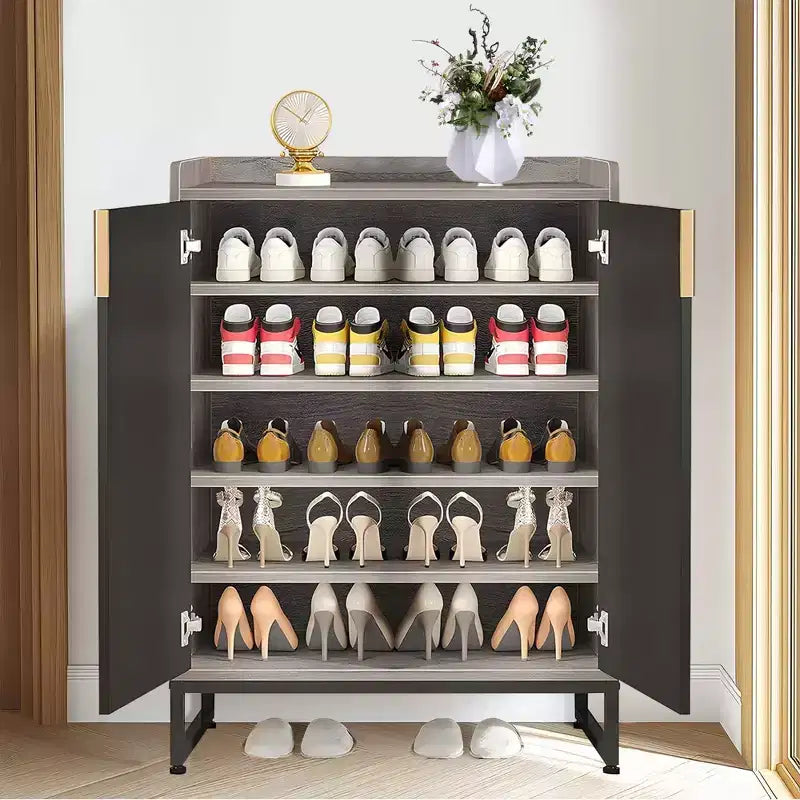 TUYOHW 5-Tier Modern Shoe Cabinet with Doors,Holds 20 Pairs Shoe Storage Organizer with Adjustable Shelves,Entryway Hallway Cabinet,Black & Gray