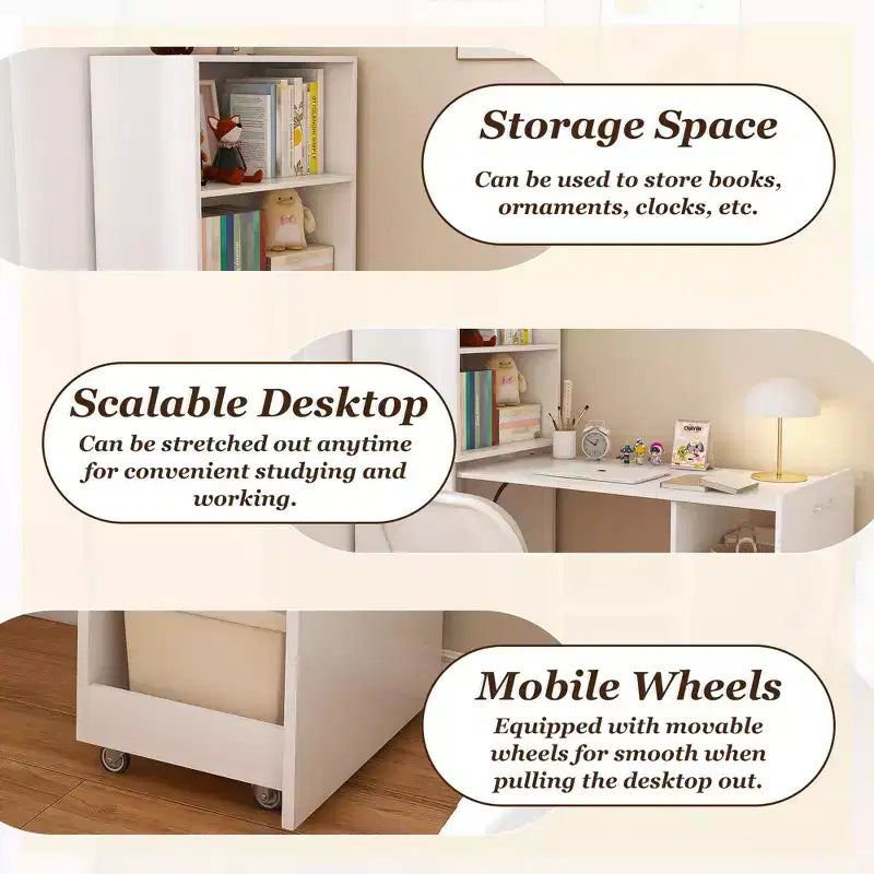 TUYOHW Stretchable Writing Desk,Foldable Home Office Desk with Storage Shelves and Wheels,Mobile Workstation for Small Apartments,Offices