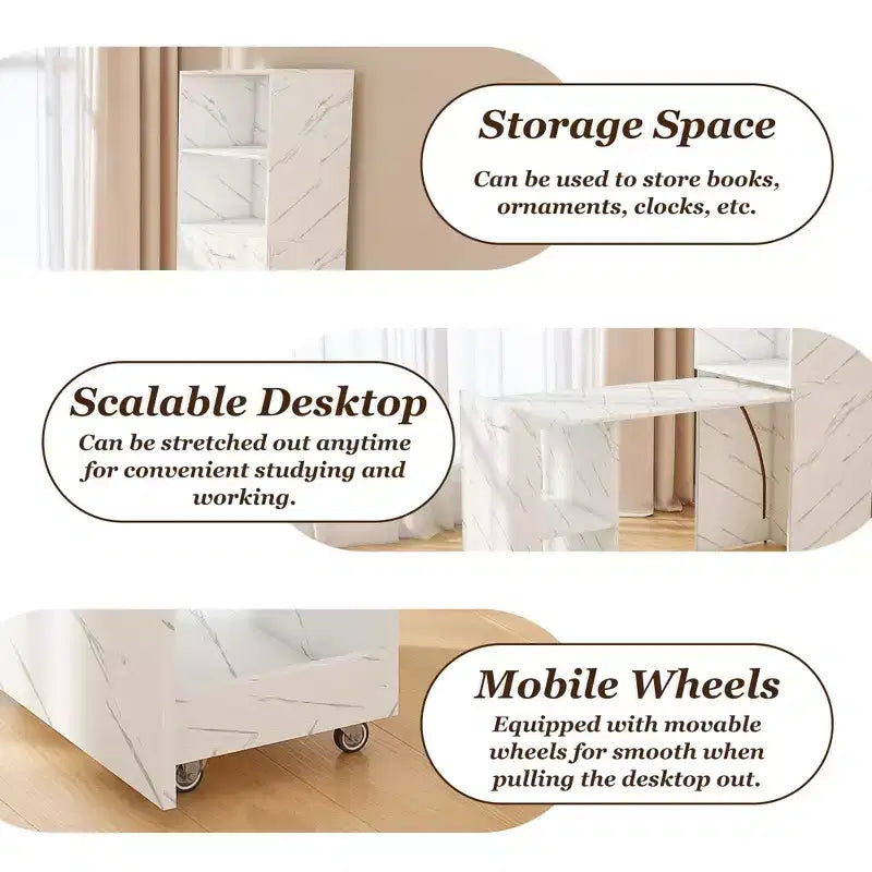TUYOHW Stretchable Writing Desk,Foldable Home Office Desk with Storage Shelves and Wheels,Mobile Workstation for Small Apartments,Offices