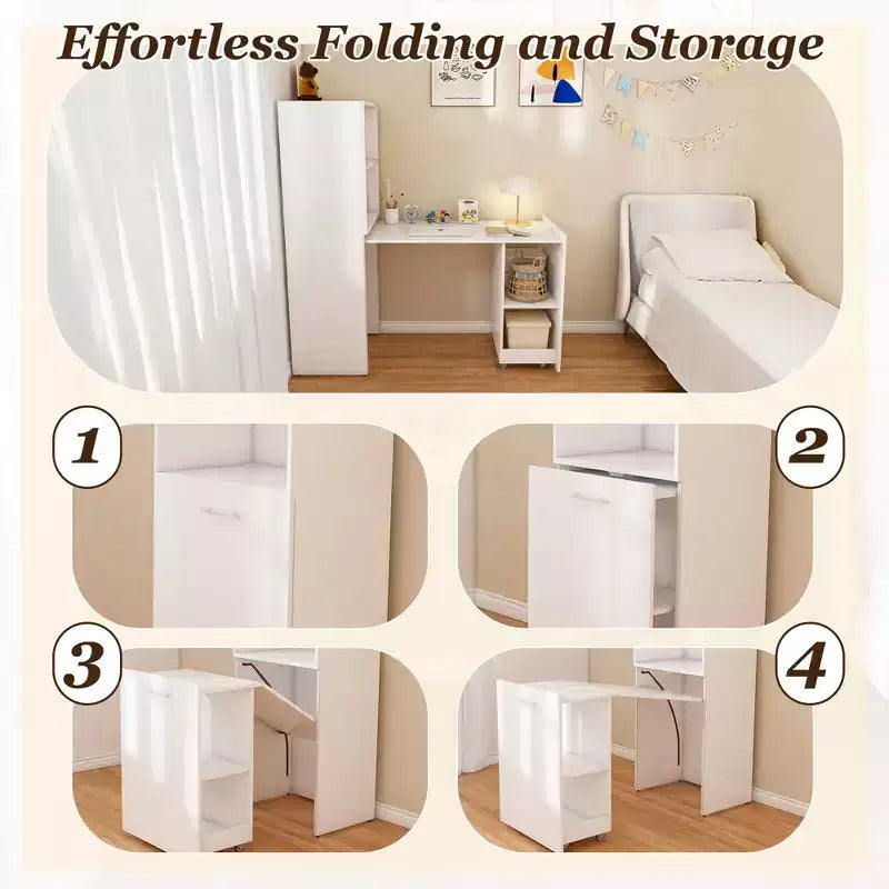 TUYOHW Stretchable Writing Desk,Foldable Home Office Desk with Storage Shelves and Wheels,Mobile Workstation for Small Apartments,Offices