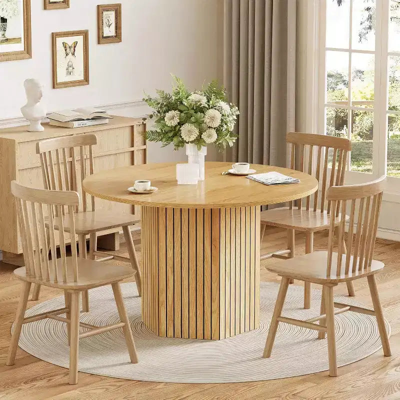 Lantine Round Wood Dining Table, 47-Inch Small Dining Table for 4, Modern Circle Kitchen Table with Wood Strip Base for Kitchen Living Room, Walnut