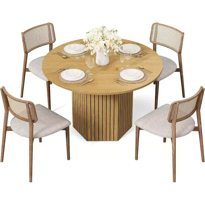 Lantine Round Wood Dining Table, 47-Inch Small Dining Table for 4, Modern Circle Kitchen Table with Wood Strip Base for Kitchen Living Room, Walnut