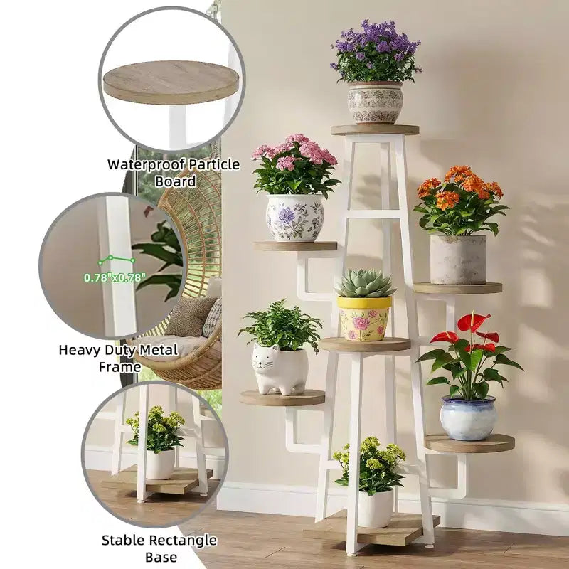 MAYEERTY 7-Tier Industrial Retro Plant Stand, High-Low Round Panel Flower Display Rack