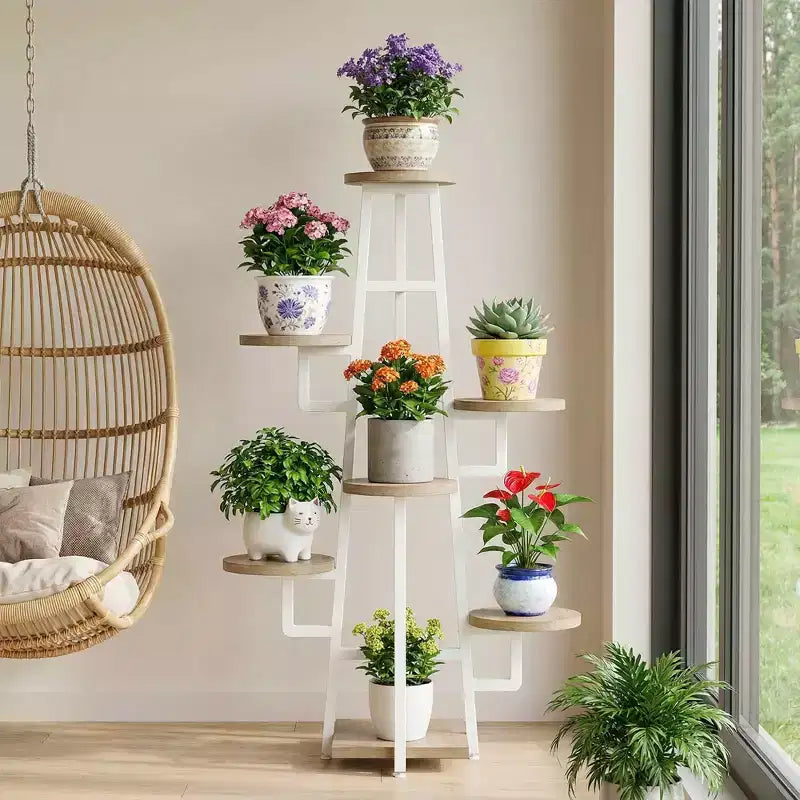 MAYEERTY 7-Tier Industrial Retro Plant Stand, High-Low Round Panel Flower Display Rack