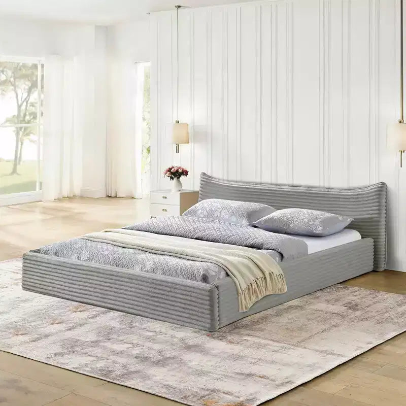 MAYEERTY Queen Size Upholstered Bed Frame with Chenille Fabric with Pleated Headboard Solid Frame for Bedroom Gray
