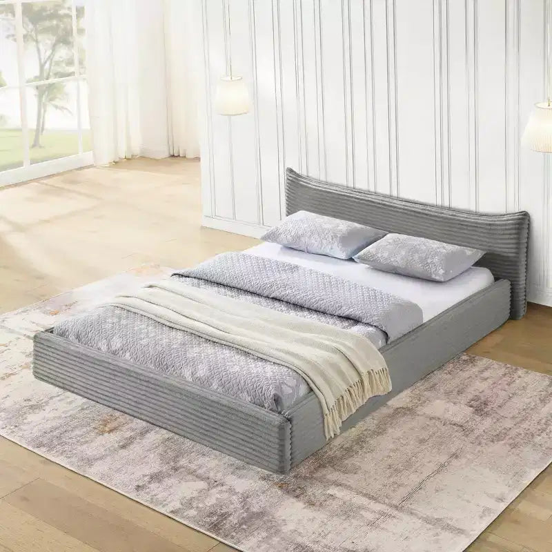 MAYEERTY Queen Size Upholstered Bed Frame with Chenille Fabric with Pleated Headboard Solid Frame for Bedroom Gray