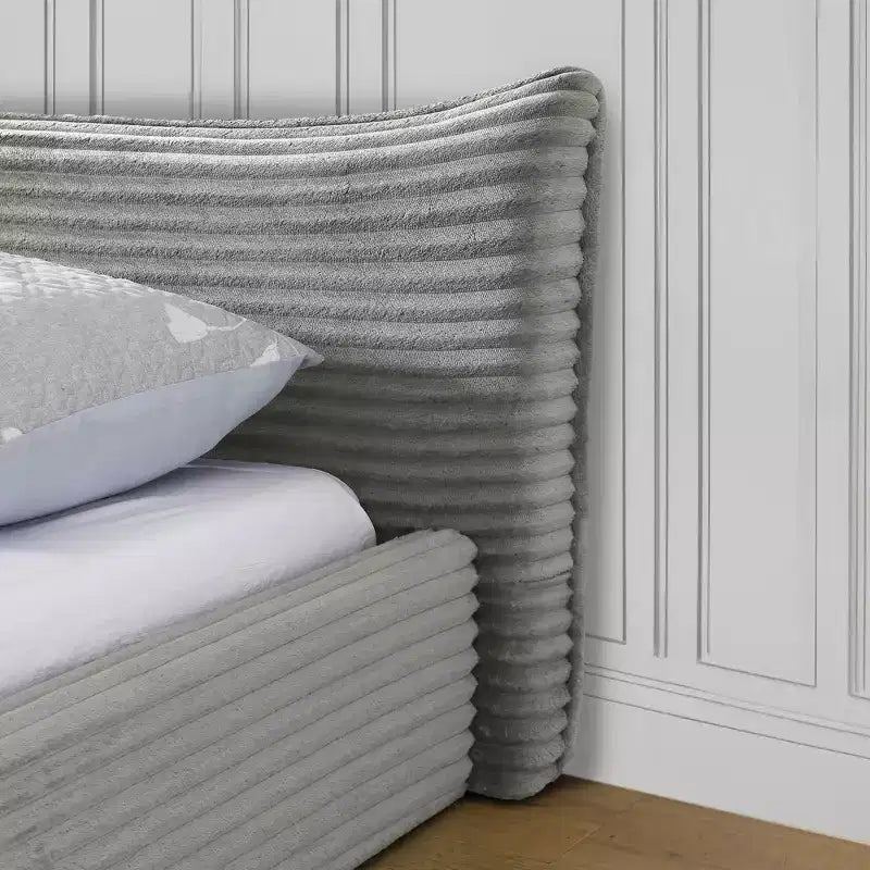 MAYEERTY Queen Size Upholstered Bed Frame with Chenille Fabric with Pleated Headboard Solid Frame for Bedroom Gray