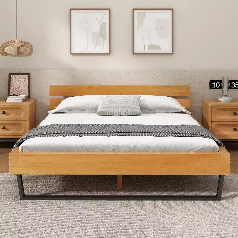 Queen/King Size Platform Bed Frame with Headboard, Sturdy Pinewood & Iron Frame, Modern Industrial Minimilist Design, Natural+Black - ModernLuxe