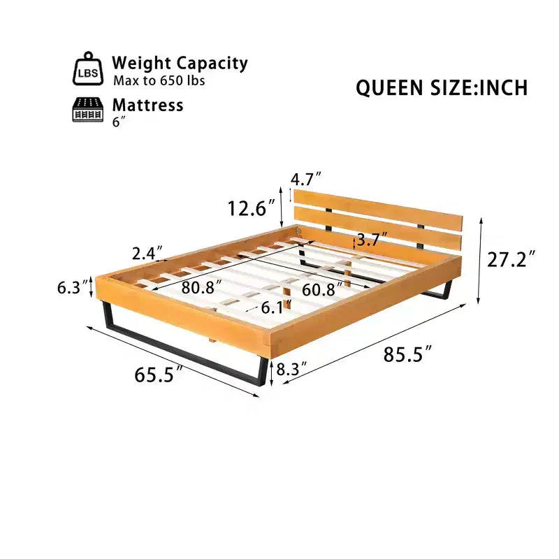 Queen/King Size Platform Bed Frame with Headboard, Sturdy Pinewood & Iron Frame, Modern Industrial Minimilist Design, Natural+Black - ModernLuxe