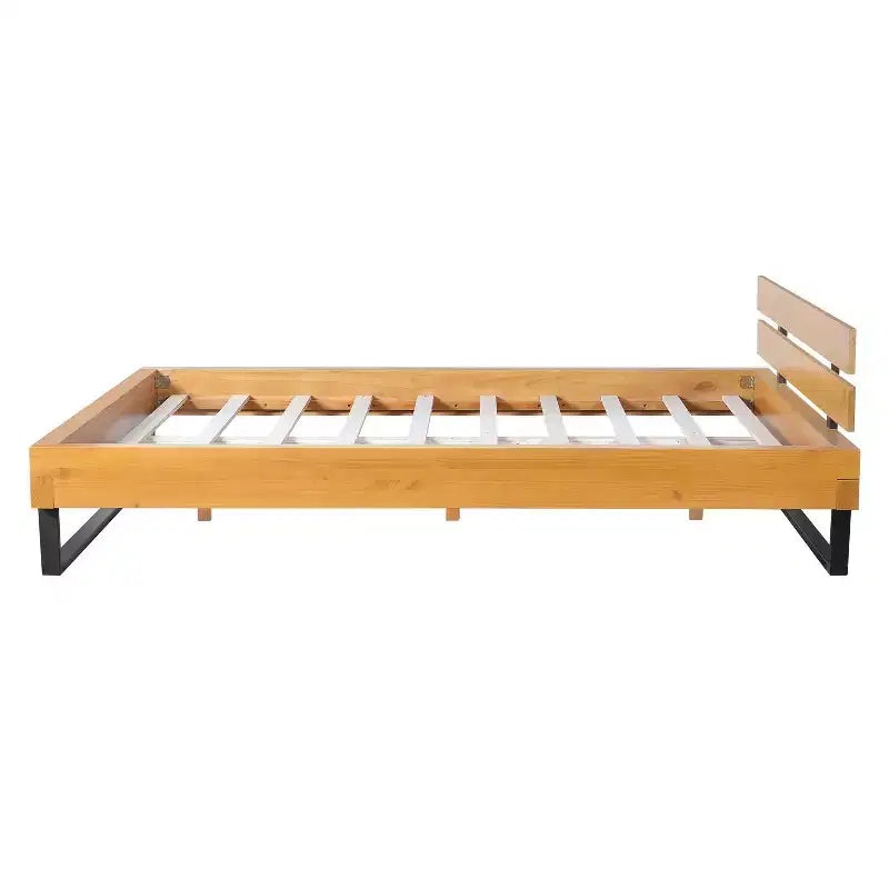 Queen/King Size Platform Bed Frame with Headboard, Sturdy Pinewood & Iron Frame, Modern Industrial Minimilist Design, Natural+Black - ModernLuxe
