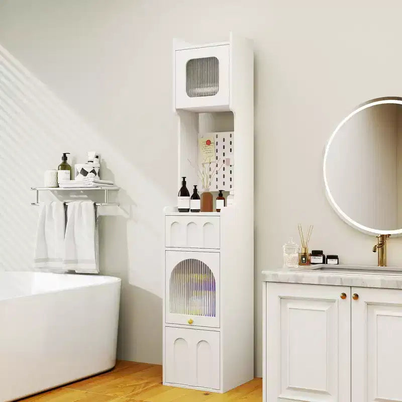 VIYET 71 Tall Narrow Storage Cabinet - White Particle Board+MDF, 1 Door & 2 Drawers, Kitchen Use