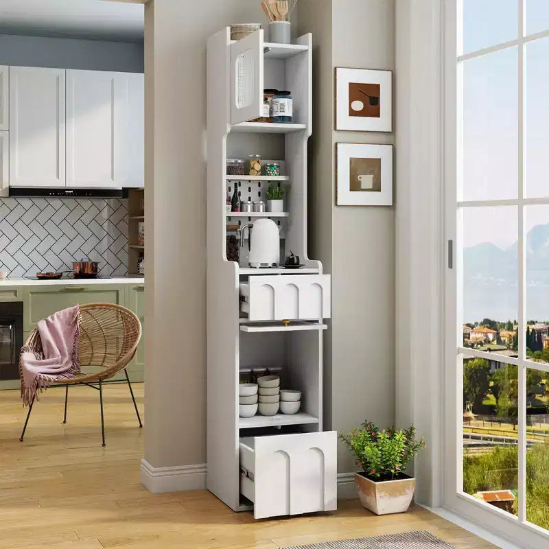 VIYET 71 Tall Narrow Storage Cabinet - White Particle Board+MDF, 1 Door & 2 Drawers, Kitchen Use