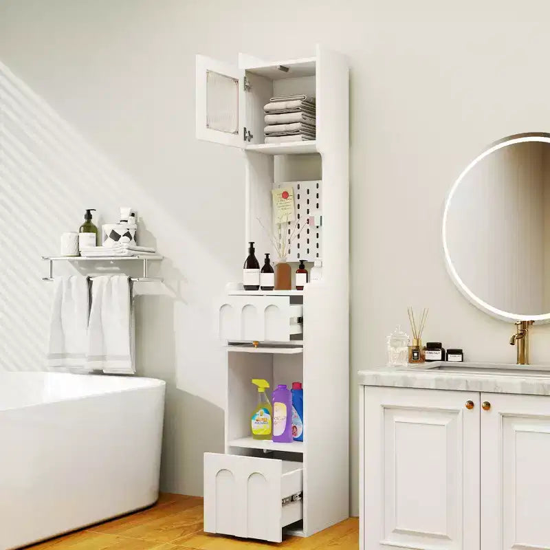 VIYET 71 Tall Narrow Storage Cabinet - White Particle Board+MDF, 1 Door & 2 Drawers, Kitchen Use