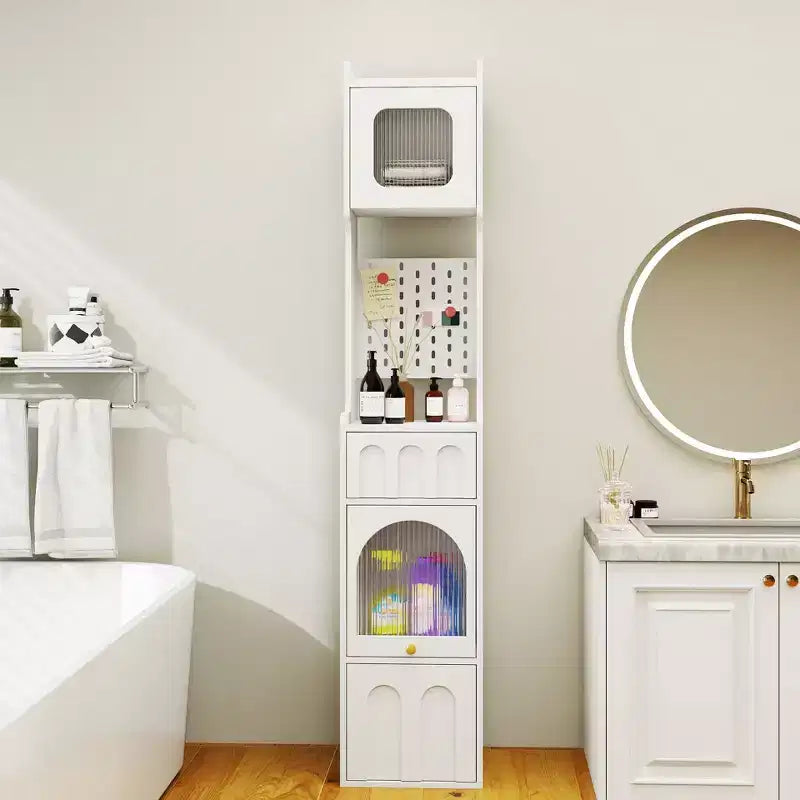 VIYET 71 Tall Narrow Storage Cabinet - White Particle Board+MDF, 1 Door & 2 Drawers, Kitchen Use