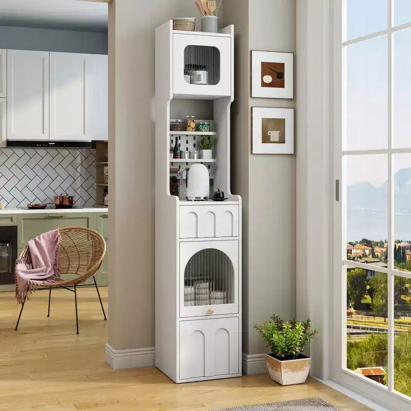 VIYET 71 Tall Narrow Storage Cabinet - White Particle Board+MDF, 1 Door & 2 Drawers, Kitchen Use