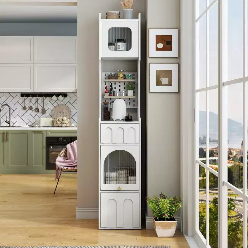 VIYET 71 Tall Narrow Storage Cabinet - White Particle Board+MDF, 1 Door & 2 Drawers, Kitchen Use