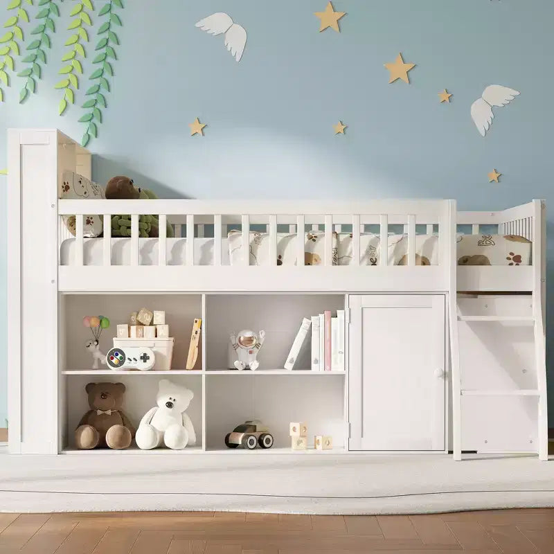 Whisen Full Size Loft Bed Frame with Storage, Built-in Headboard, Space-Saving Design