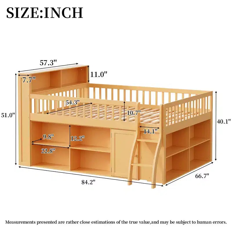 Whisen Full Size Loft Bed Frame with Storage, Built-in Headboard, Space-Saving Design