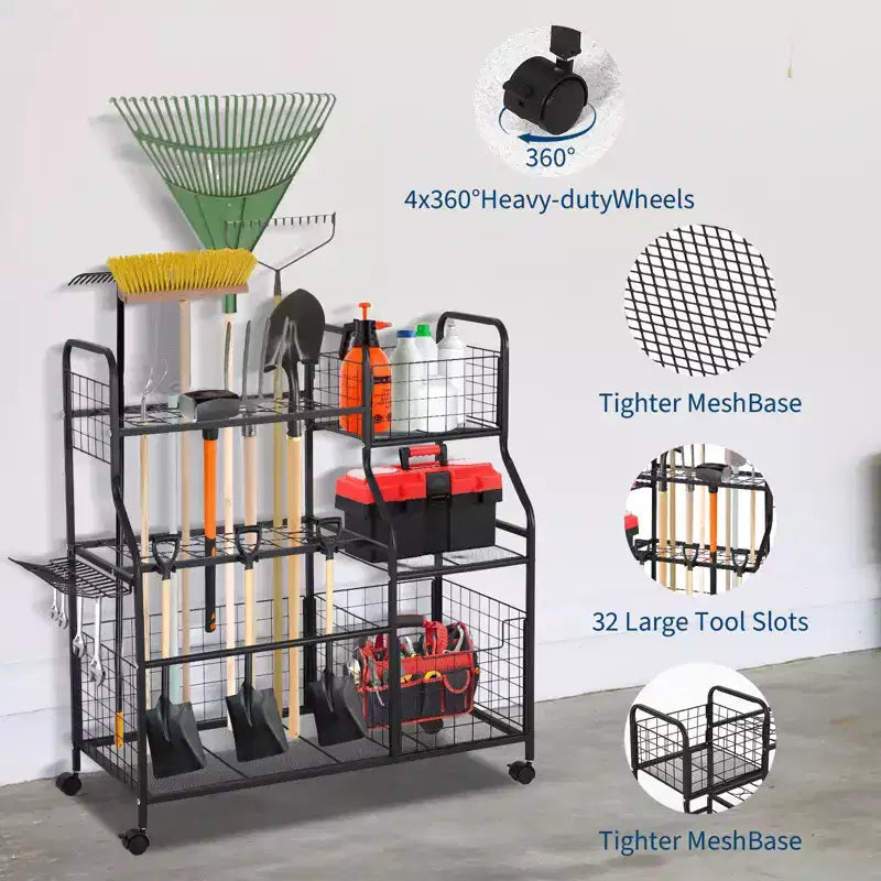 Garden Tool Organizer With Wheels, Rolling Metal Yard Storage Rack, Freestanding Garden Tool Stand with Basket for Yard Shed