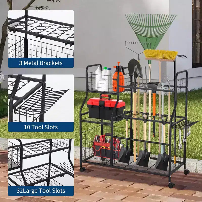 Garden Tool Organizer With Wheels, Rolling Metal Yard Storage Rack, Freestanding Garden Tool Stand with Basket for Yard Shed