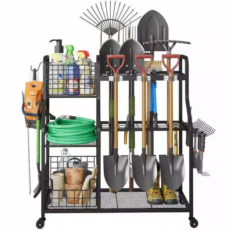 Garden Tool Organizer With Wheels, Rolling Metal Yard Storage Rack, Freestanding Garden Tool Stand with Basket for Yard Shed