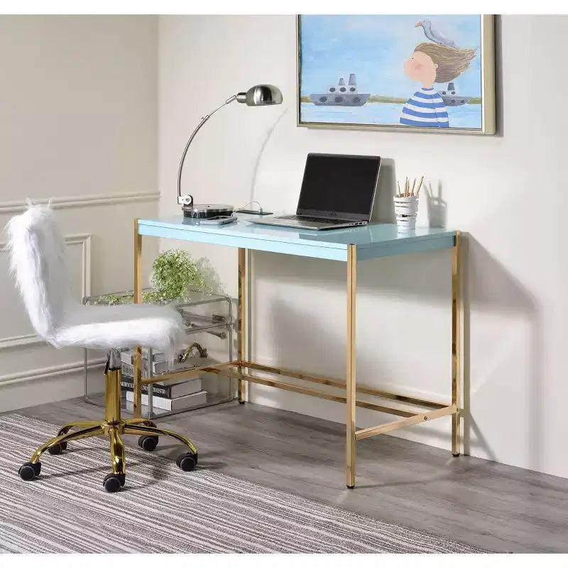 TUYOHW Modern 40 Writing Desk,Office Desk with Built-in USB Port,High-Gloss Desktop,Gold Open Metal Base,Rectangular Desk for Bedroom,Office,Study