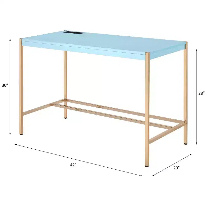 TUYOHW Modern 40 Writing Desk,Office Desk with Built-in USB Port,High-Gloss Desktop,Gold Open Metal Base,Rectangular Desk for Bedroom,Office,Study