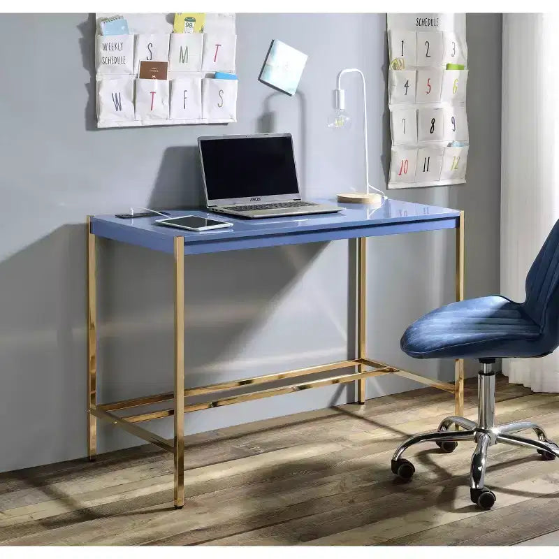 TUYOHW Modern 40 Writing Desk,Office Desk with Built-in USB Port,High-Gloss Desktop,Gold Open Metal Base,Rectangular Desk for Bedroom,Office,Study