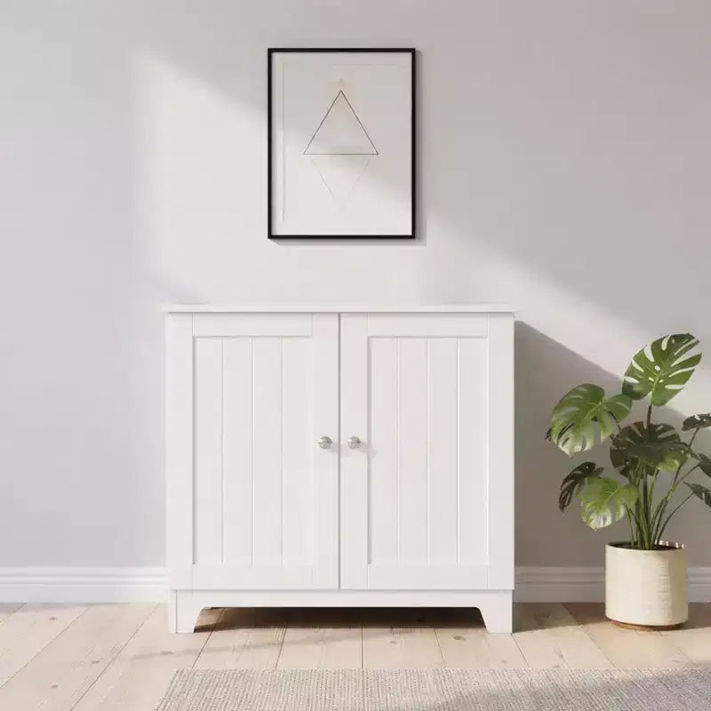 Redmon Double Door Freestanding Floor Cabinet, Modern Wooden Furniture, White