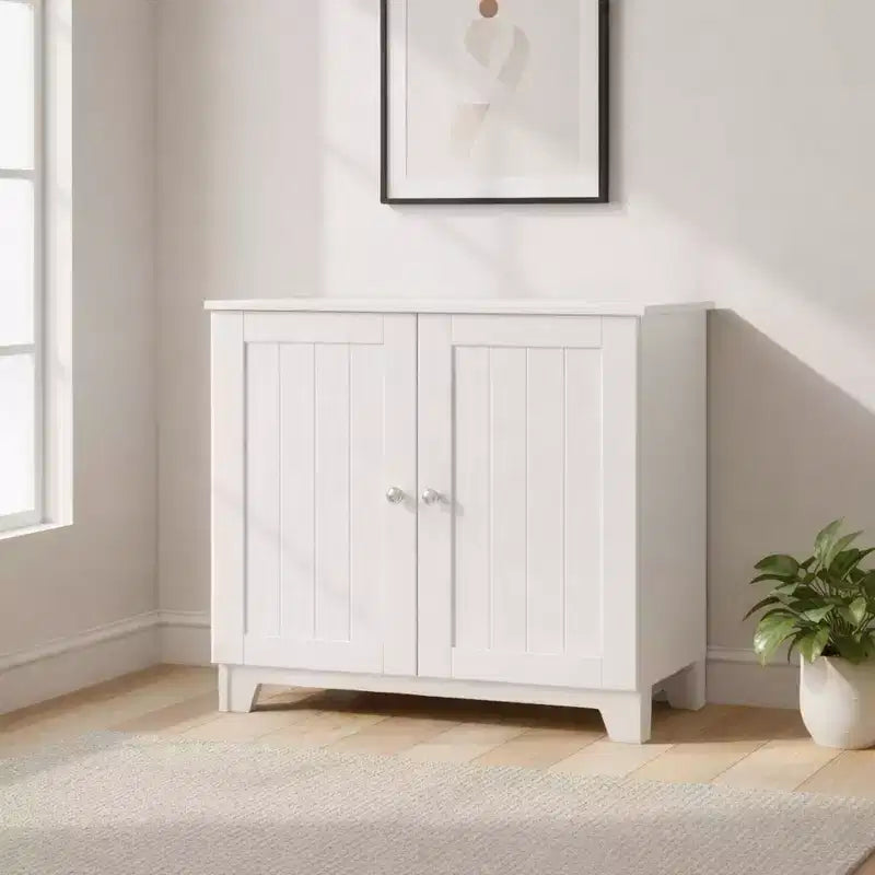 Redmon Double Door Freestanding Floor Cabinet, Modern Wooden Furniture, White
