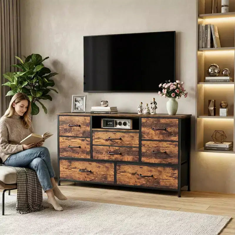 Wide Rustic Brown 8 Drawer Dresser with Power Outlets Fabric Storage Chest of Drawers Open Shelf Organizer Unit Bedroom Living Room