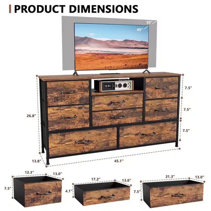 Wide Rustic Brown 8 Drawer Dresser with Power Outlets Fabric Storage Chest of Drawers Open Shelf Organizer Unit Bedroom Living Room