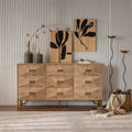 JVNOXK 59.44-inch Wooden Sideboard, Three-Drawer Storage Cabinet with Geometric Relief, Suitable for Dining Rooms, Wood-Tone Finish