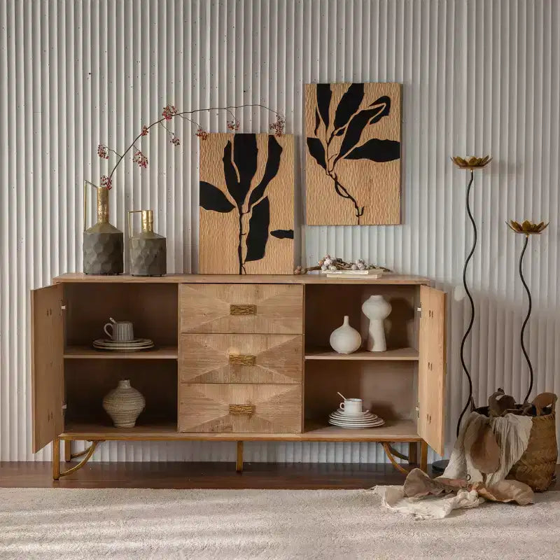 JVNOXK 59.44-inch Wooden Sideboard, Three-Drawer Storage Cabinet with Geometric Relief, Suitable for Dining Rooms, Wood-Tone Finish