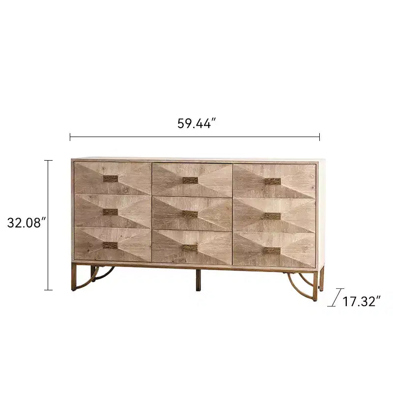 JVNOXK 59.44-inch Wooden Sideboard, Three-Drawer Storage Cabinet with Geometric Relief, Suitable for Dining Rooms, Wood-Tone Finish