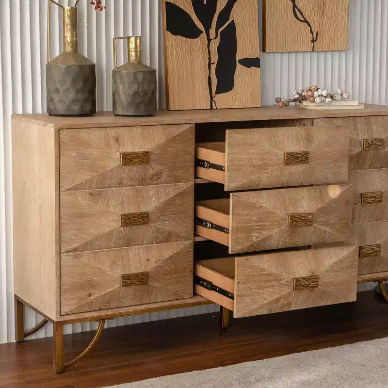 JVNOXK 59.44-inch Wooden Sideboard, Three-Drawer Storage Cabinet with Geometric Relief, Suitable for Dining Rooms, Wood-Tone Finish