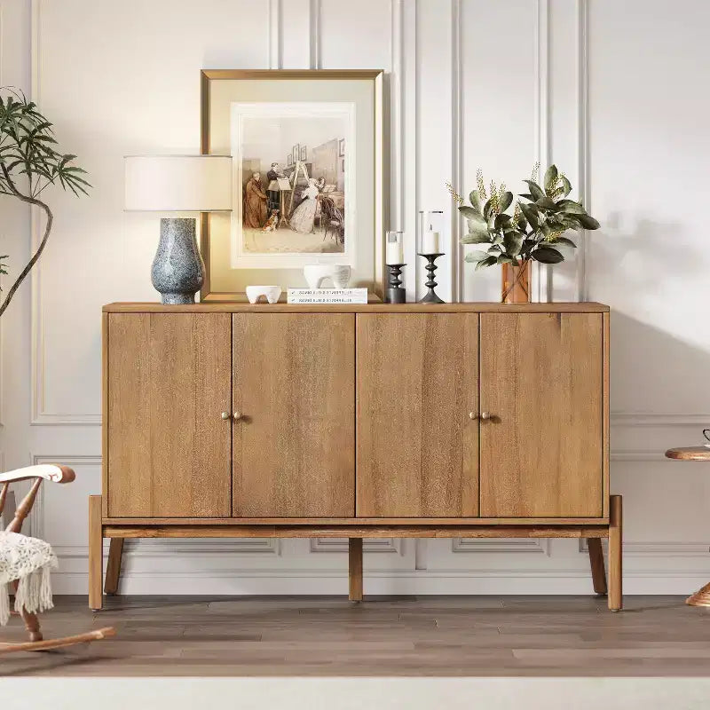 JVNOXK Four-door metal-handled vintage sideboard storage cabinet, MDF with acacia veneer, natural finish, suitable for dining rooms