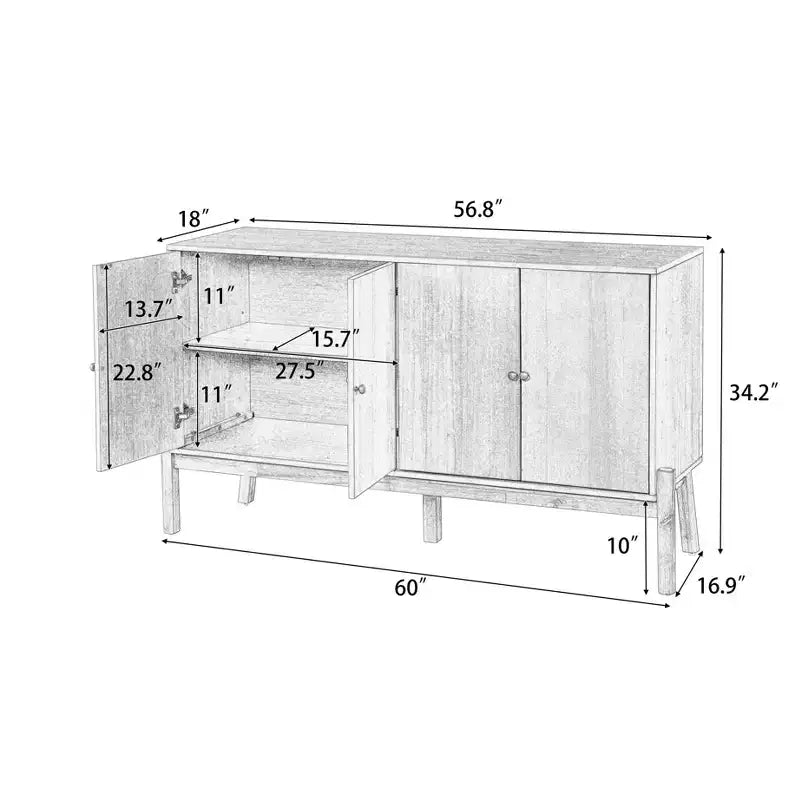 JVNOXK Buffet vintage à quatre portes avec poignées en métal, meuble de rangement, MDF avec placage acacia, finition naturelle, idéal pour les salles à manger