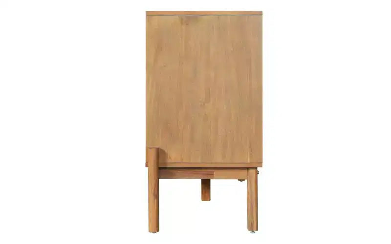JVNOXK Buffet vintage à quatre portes avec poignées en métal, meuble de rangement, MDF avec placage acacia, finition naturelle, idéal pour les salles à manger