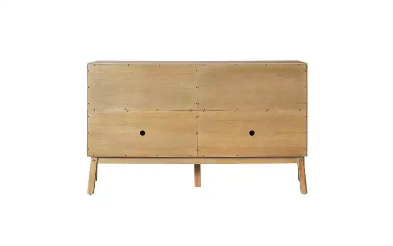 JVNOXK Buffet vintage à quatre portes avec poignées en métal, meuble de rangement, MDF avec placage acacia, finition naturelle, idéal pour les salles à manger