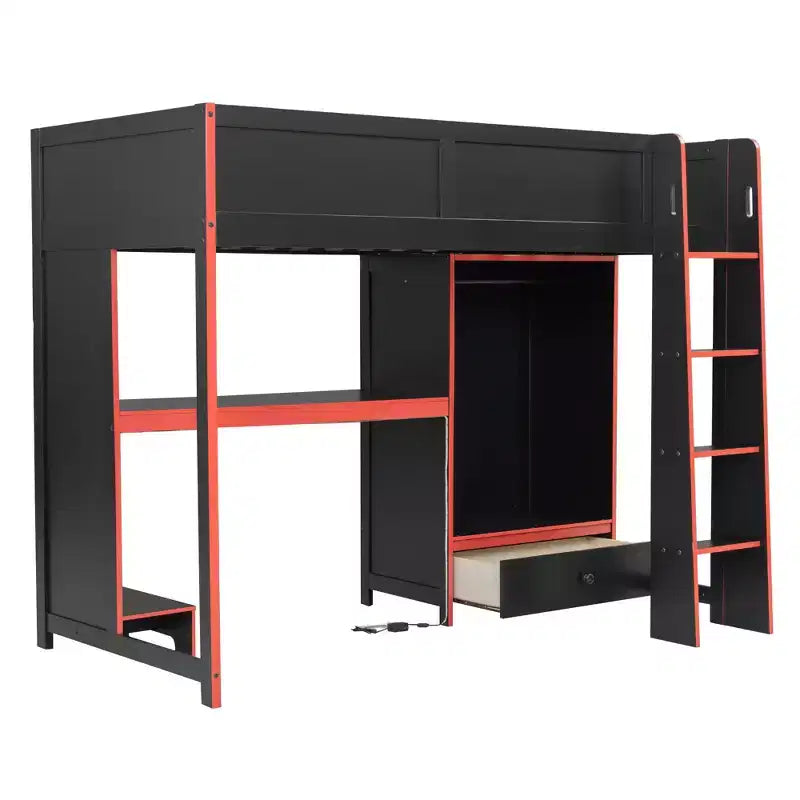 Twin/Full Gaming Loft Bed with Desk and LED Lights, Wood Loft Bed with Built-in Wardrobe and Drawers